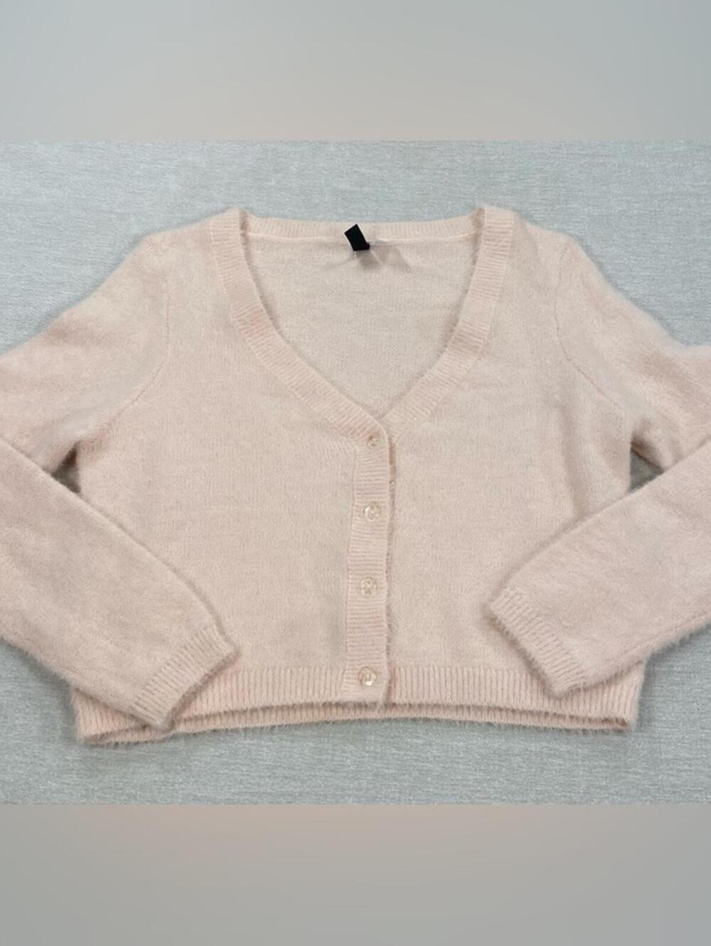 DIVIDED Light Pink Women's Cardigan Sweater HM Fuzzy Texture V-neck